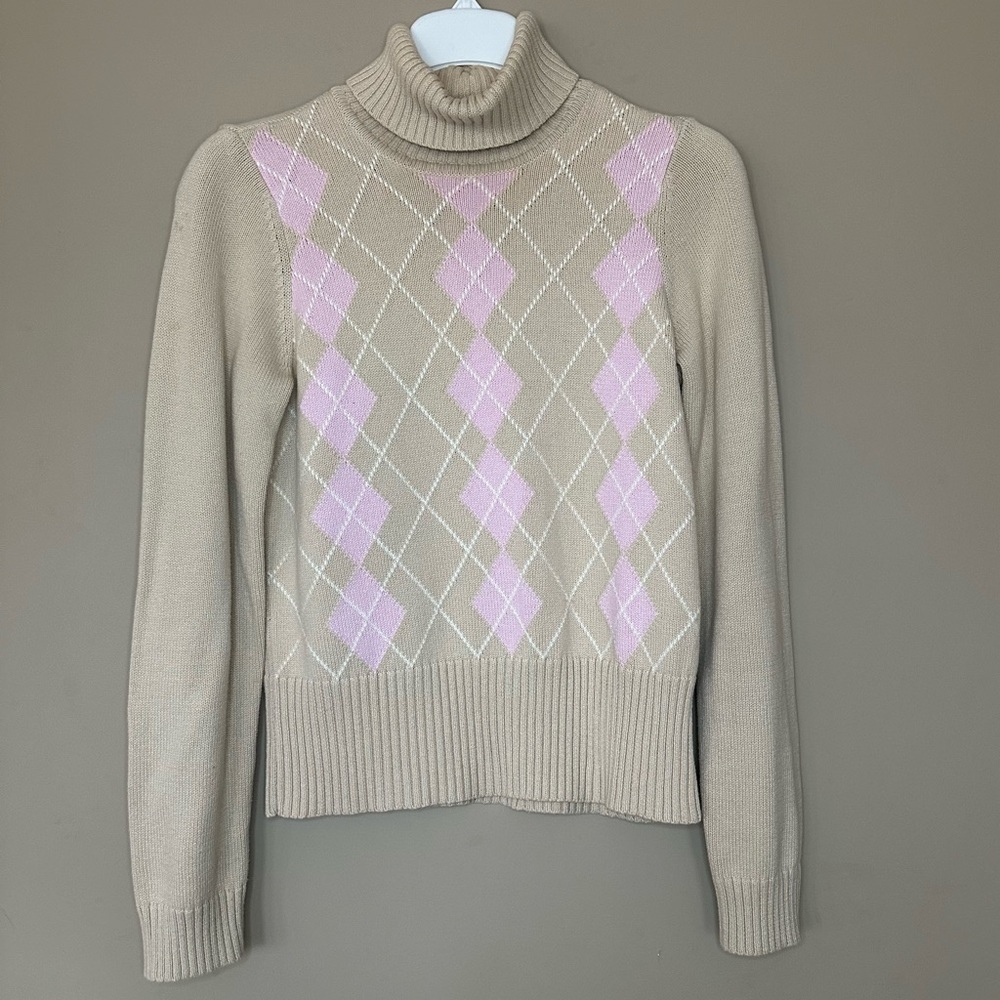 Women S Y2K Argyle Turtleneck Sweater Pink Tan Preppy Cream Light Academia Liz